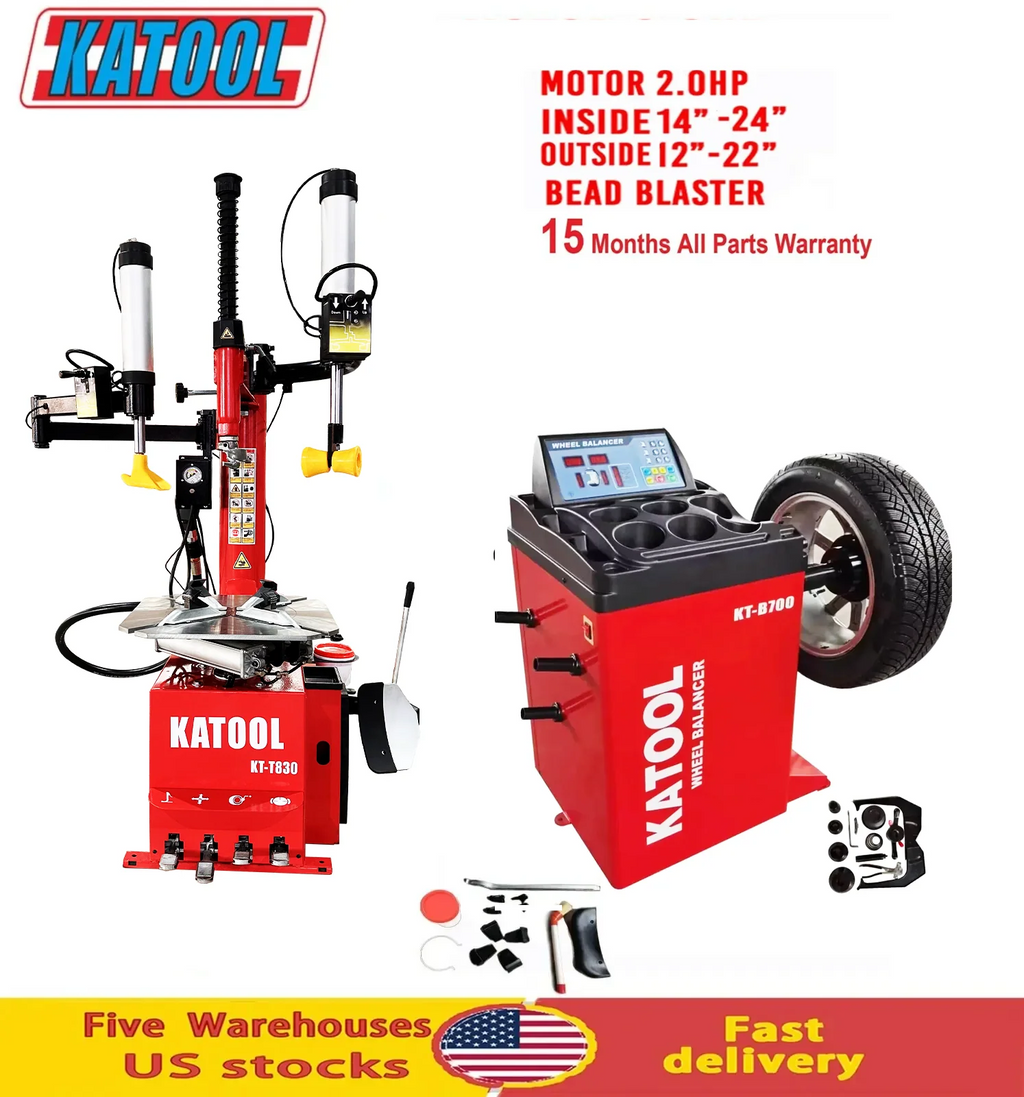 Red tire changer and wheel balancer combo with control console and included accessories