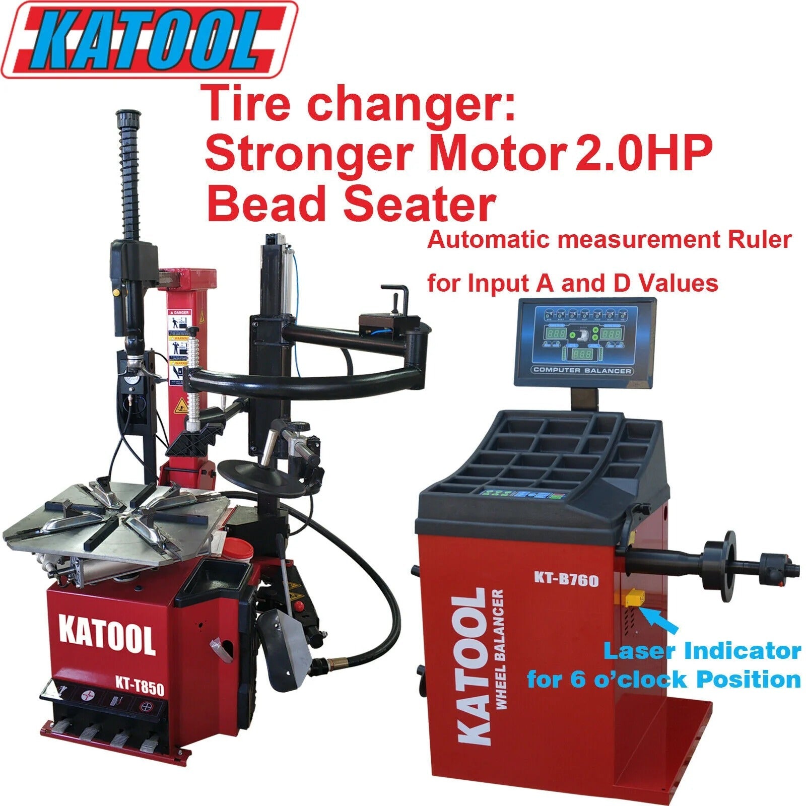 Tire changer and wheel balancer combo with red KATOOL machines and blue control display