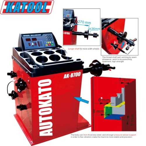 Katool wheel balancer unit with red housing and black top tray, multi-button control panel