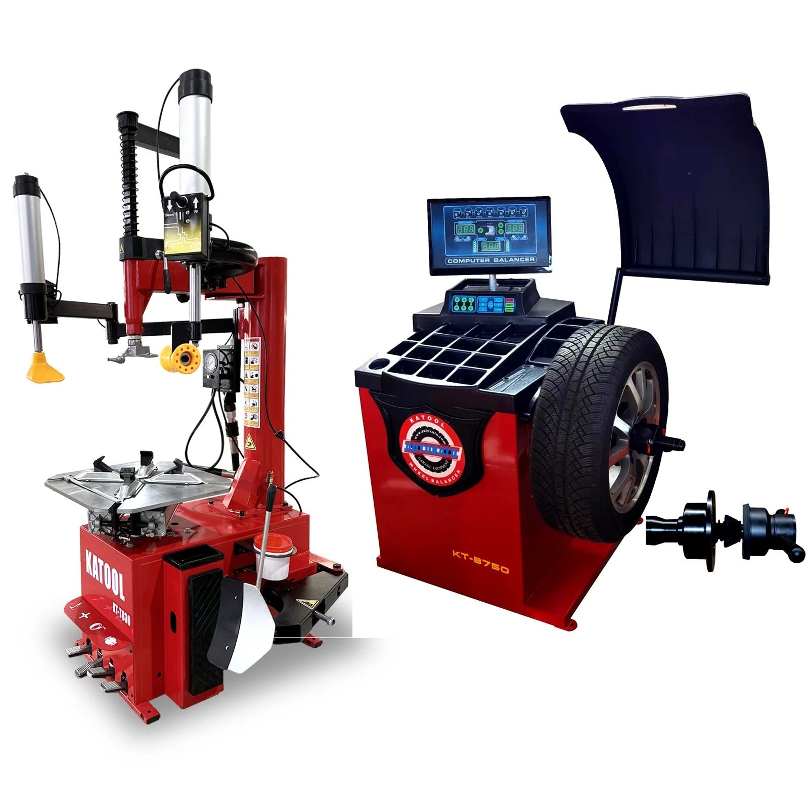 Red tire changer and wheel balancer with turntable and control monitor