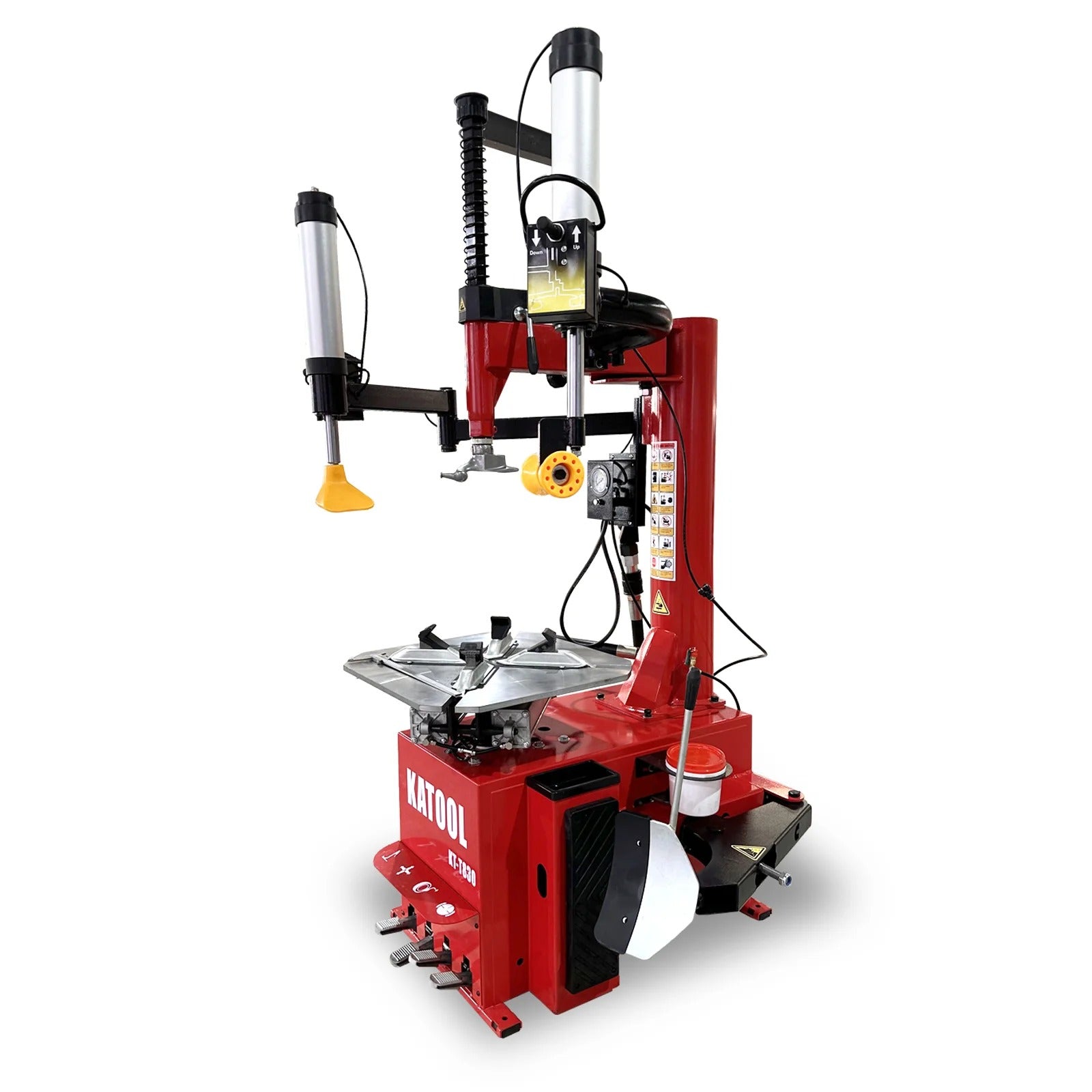 Red tire changer machine with mounting head, clamp arms, and yellow foot pedal