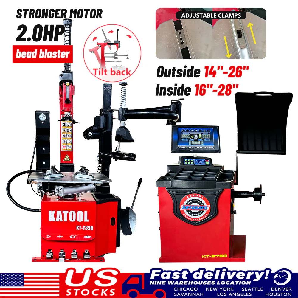 Red and black tire changer and wheel balancer with display and protective hood