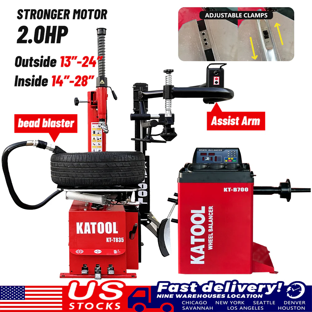 Wheel balancer and tire changer set with red columns and black mounting arms