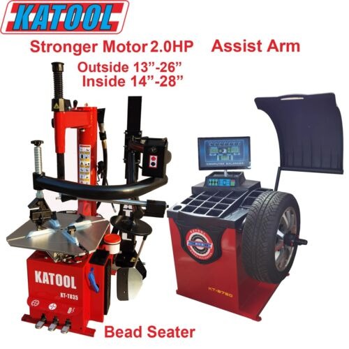 Tire changer and wheel balancer combo with red body, assist arm, and blue monitor