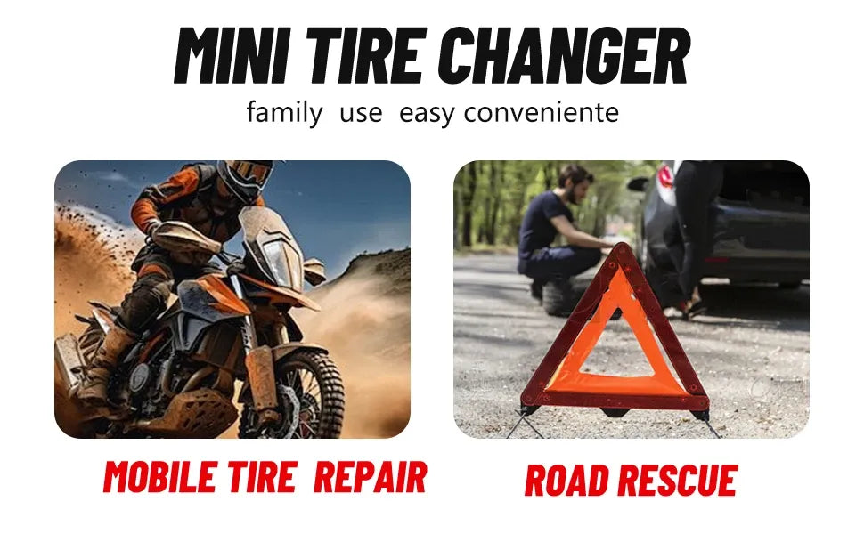 Mini tire changer promotional graphic with text headings and two scene photos