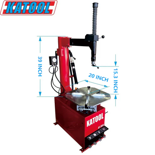 Katool tire changer with red body, bead seater, and wheel platform with height markings