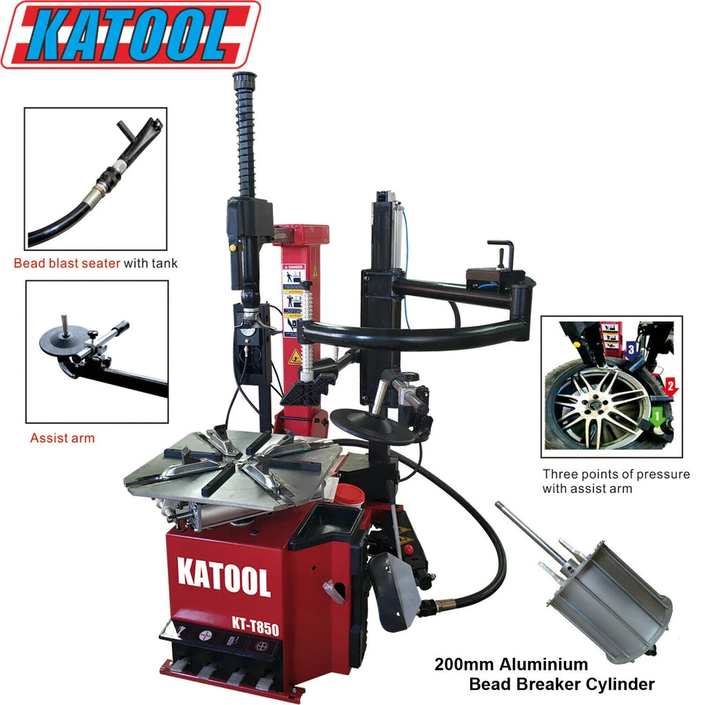 Tire changer machine with red KATOOL base, bead breaker, and multi-position pressure arm