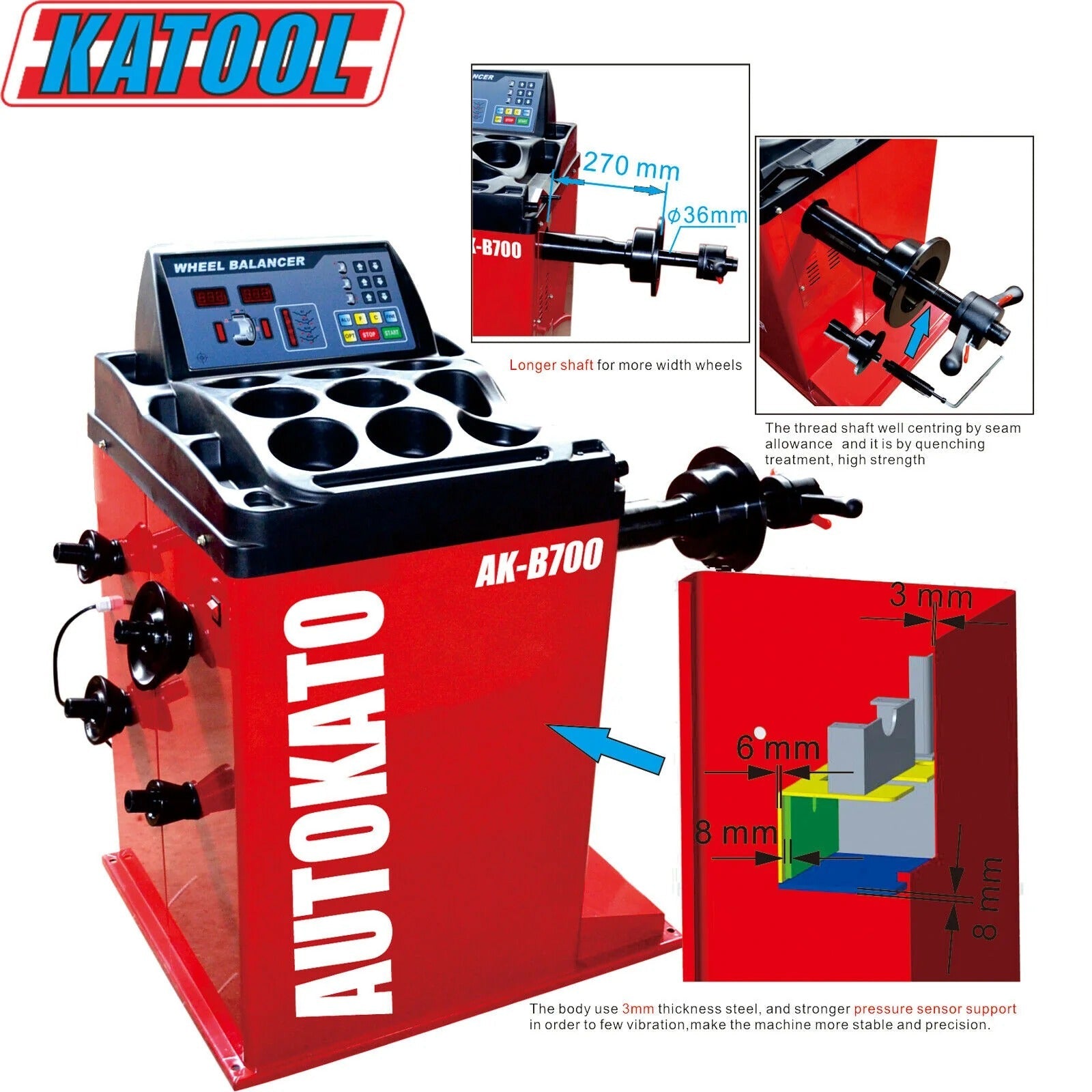 Red wheel balancer with control console, steel shaft, and multi-slot wheel plate