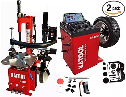 Tire changer and wheel balancer kit with included accessories and mounted tire