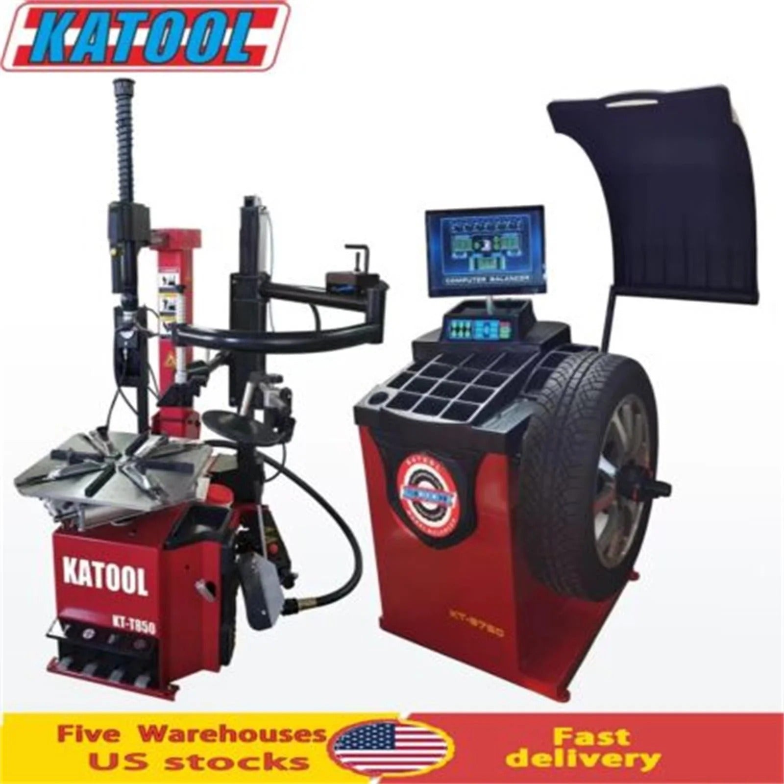 Red tire changer and wheel balancer with tire clamp and side hood