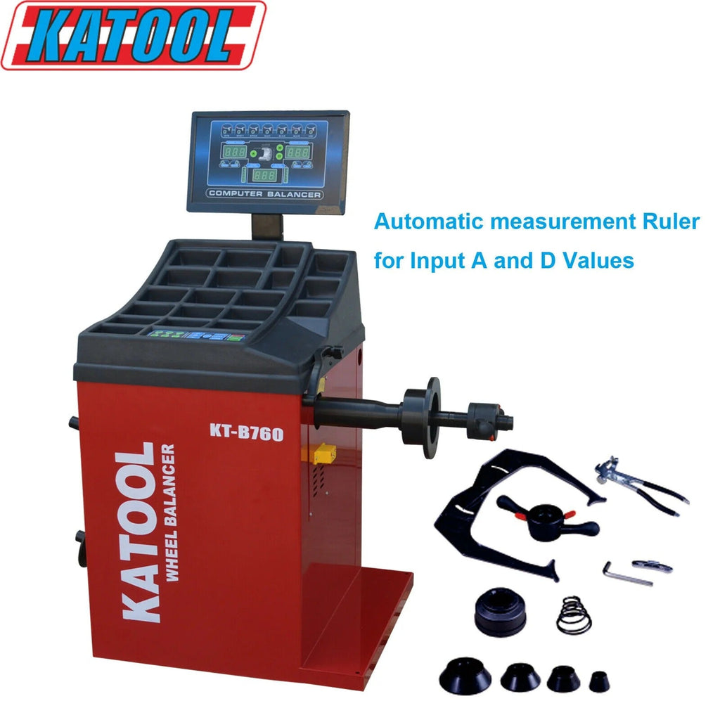 Katool wheel balancer with computer display, black tray, red housing, and accessories