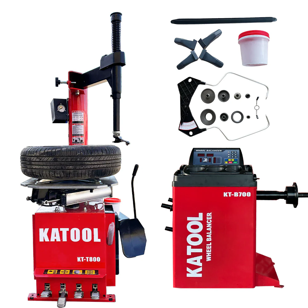Red tire changer and wheel balancer set with included wheel weights and tools