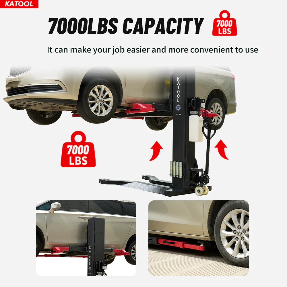 Mobile single-post vehicle lift with red base and black column, lifting a car