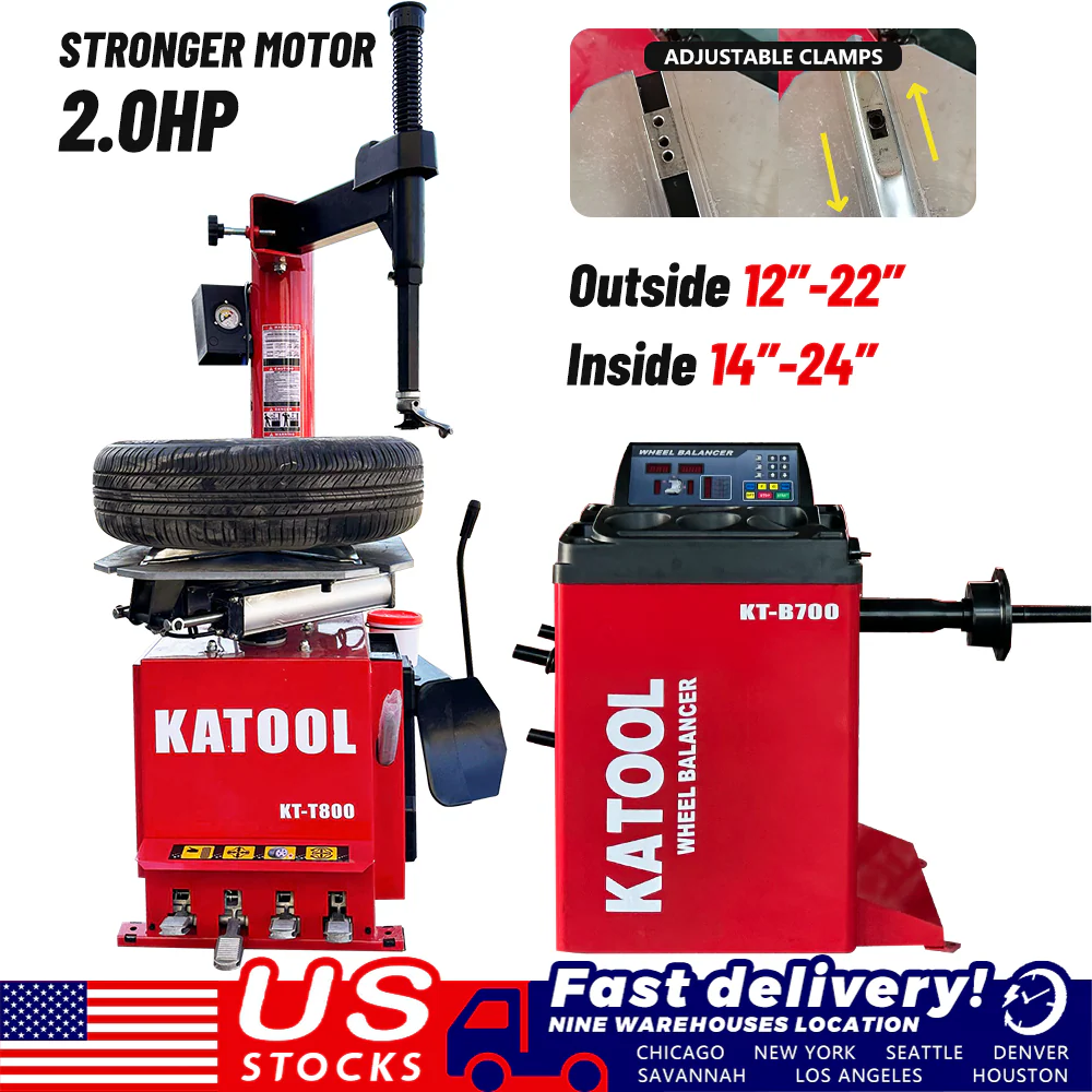 Red tire changer and wheel balancer combo with mounted wheel and control console