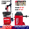 Red tire changer and wheel balancer combo with mounted wheel and control console