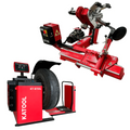 Tire changer and wheel balancer machine in red with mounting tools and control units