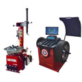 Red and gray tire changer and wheel balancer combo with control panel and tire clamp