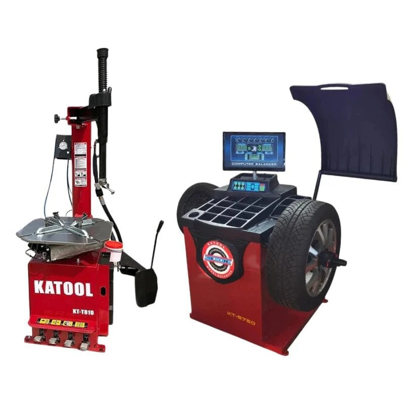 Tire changer and wheel balancer combo with red and black machines and monitor screen