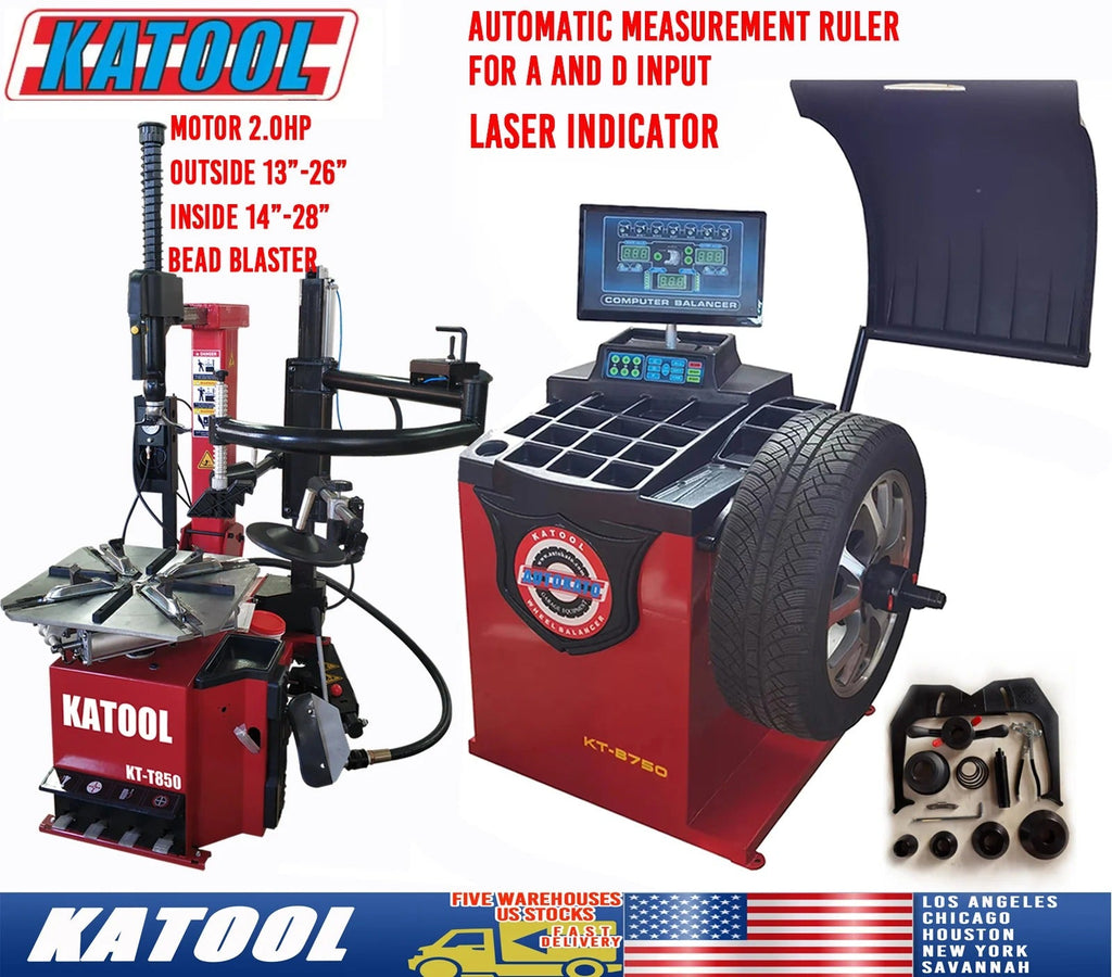 Red wheel balancer with display, tire clamps, and tire changer workstation