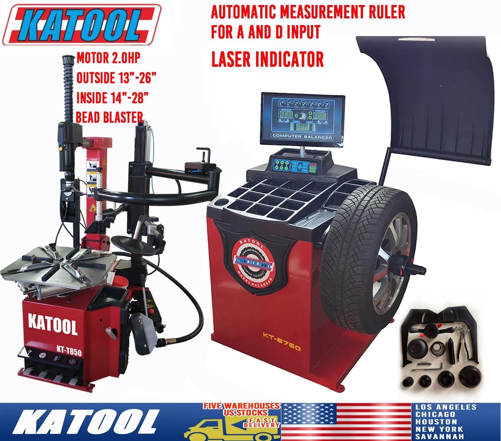 Red wheel balancer with display, tire clamps, and tire changer workstation