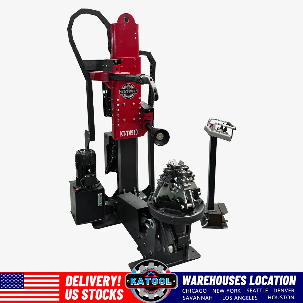 Hydraulic tire changer with red control panel, bead tool head, and side handle