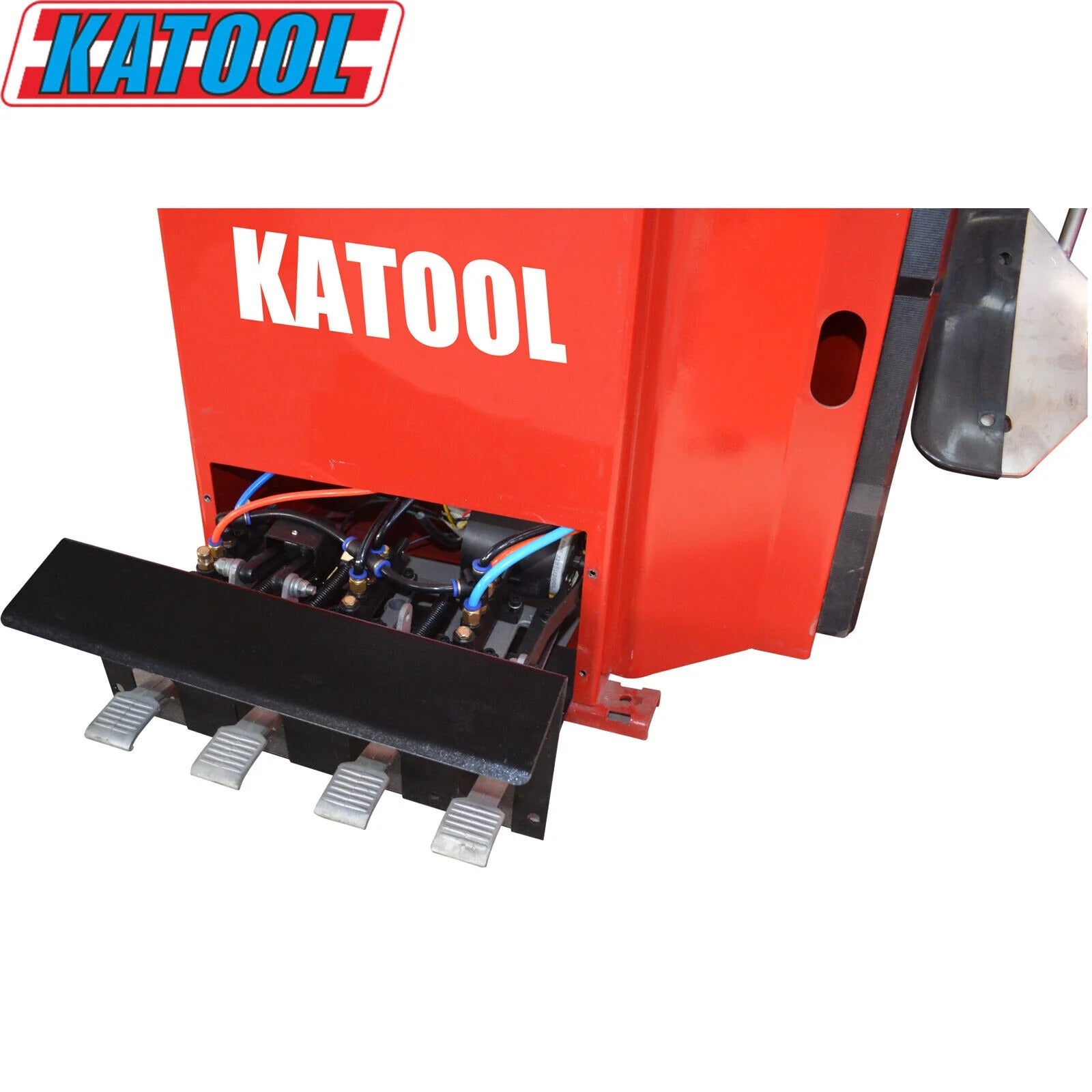 Katool wheel balancer housing with open panel showing internal components and wiring