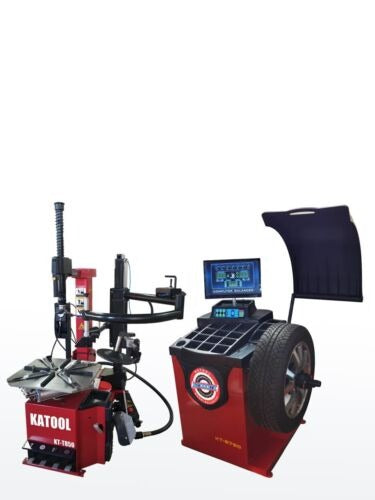 Tire changer and wheel balancer combo set with red base and blue computer screens