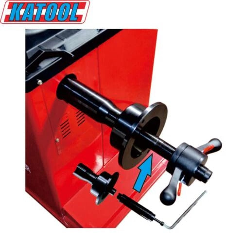 Katool wheel balancer with wheel-mount shaft and alignment components on red base