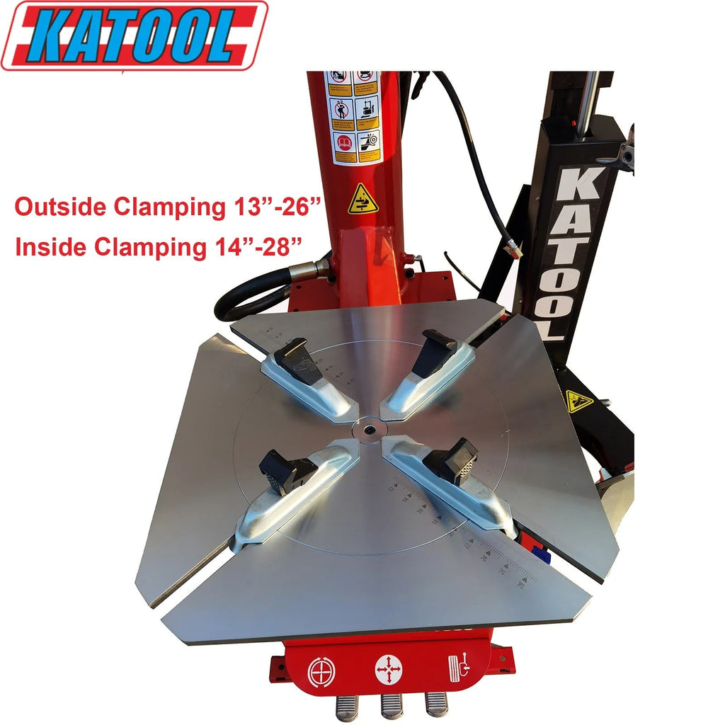 Tire changer bead seater with metal table and adjustable clamping arms