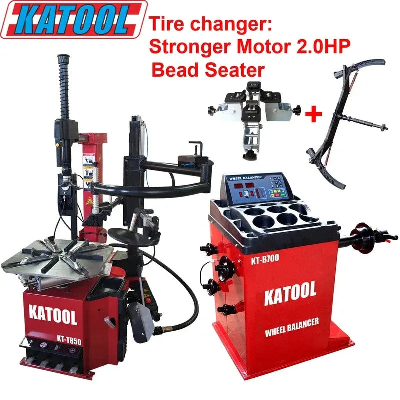 Tire changer and wheel balancer combo with tire changer arm and wheel balancer unit