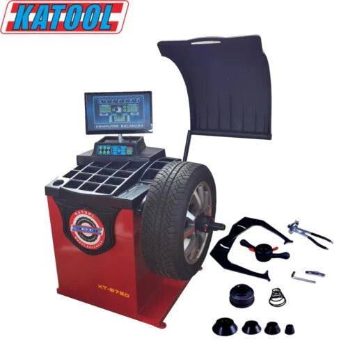 Wheel balancer with red base, blue control screen, and included wheel weights