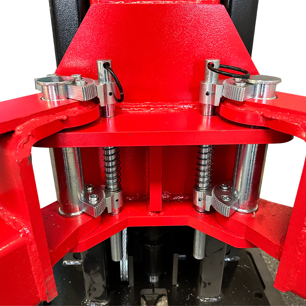 Red lift platform with dual locking posts and spring-loaded supports