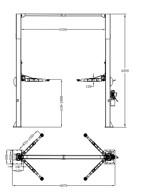 Two-post lift dimensional drawing with overhead frame and scissor arms