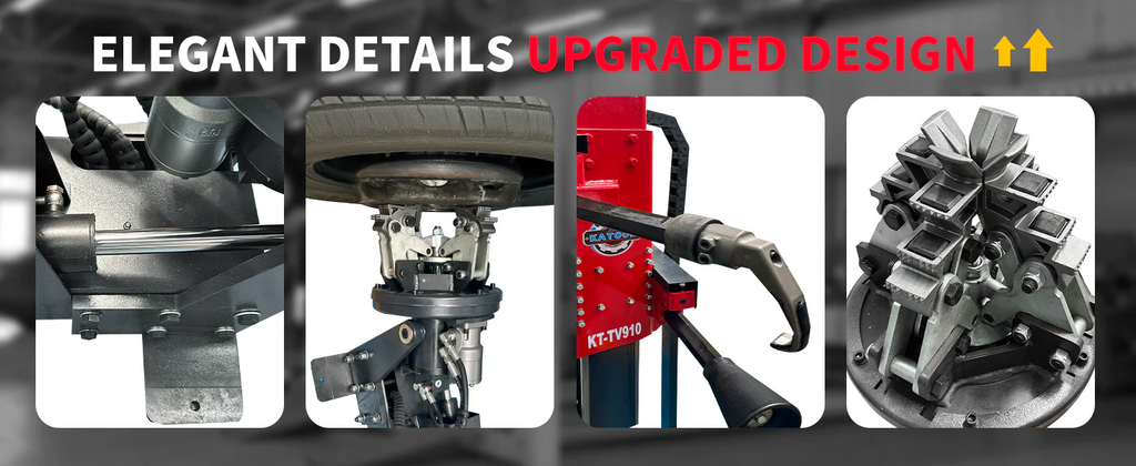Hydraulic tire changer detail view: clamp arm, mounting head, and bead tool components