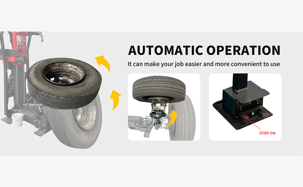 Hydraulic tire changer with tire mounted on head and operator step platform