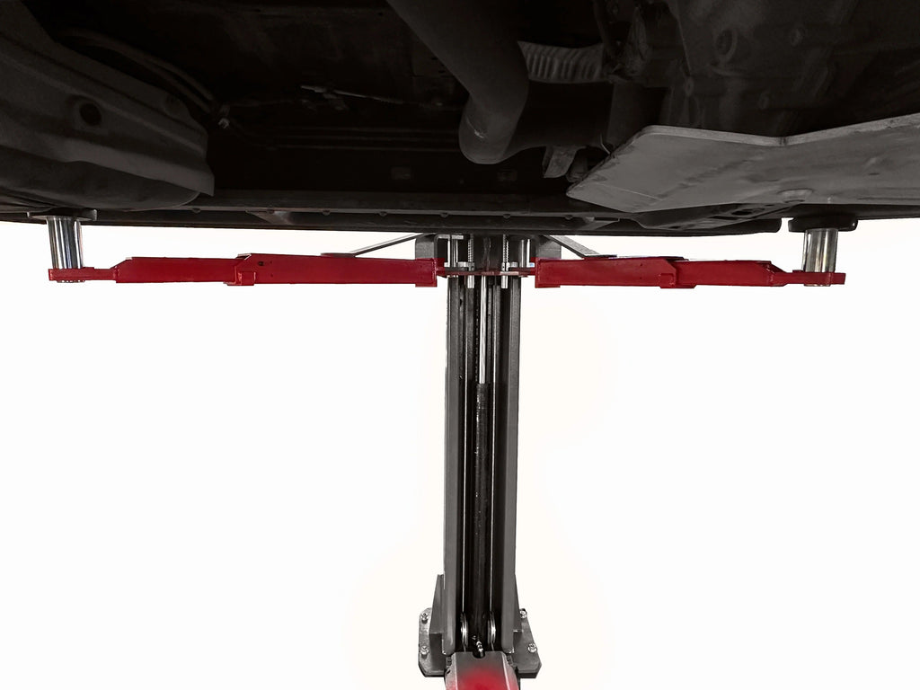 Two-post automotive lift frame with overhead crossbeam and guide rails