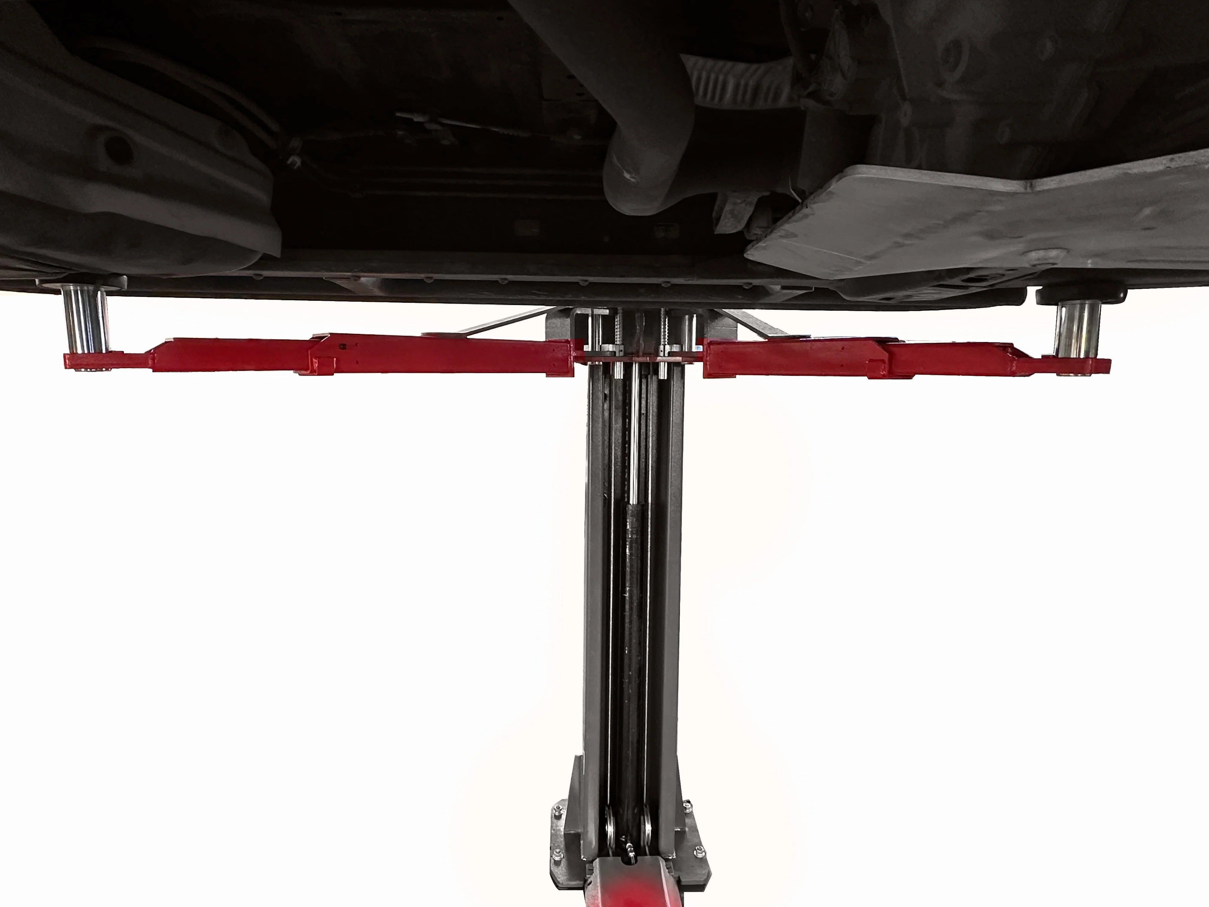 Two-post automotive lift frame with overhead crossbeam and guide rails