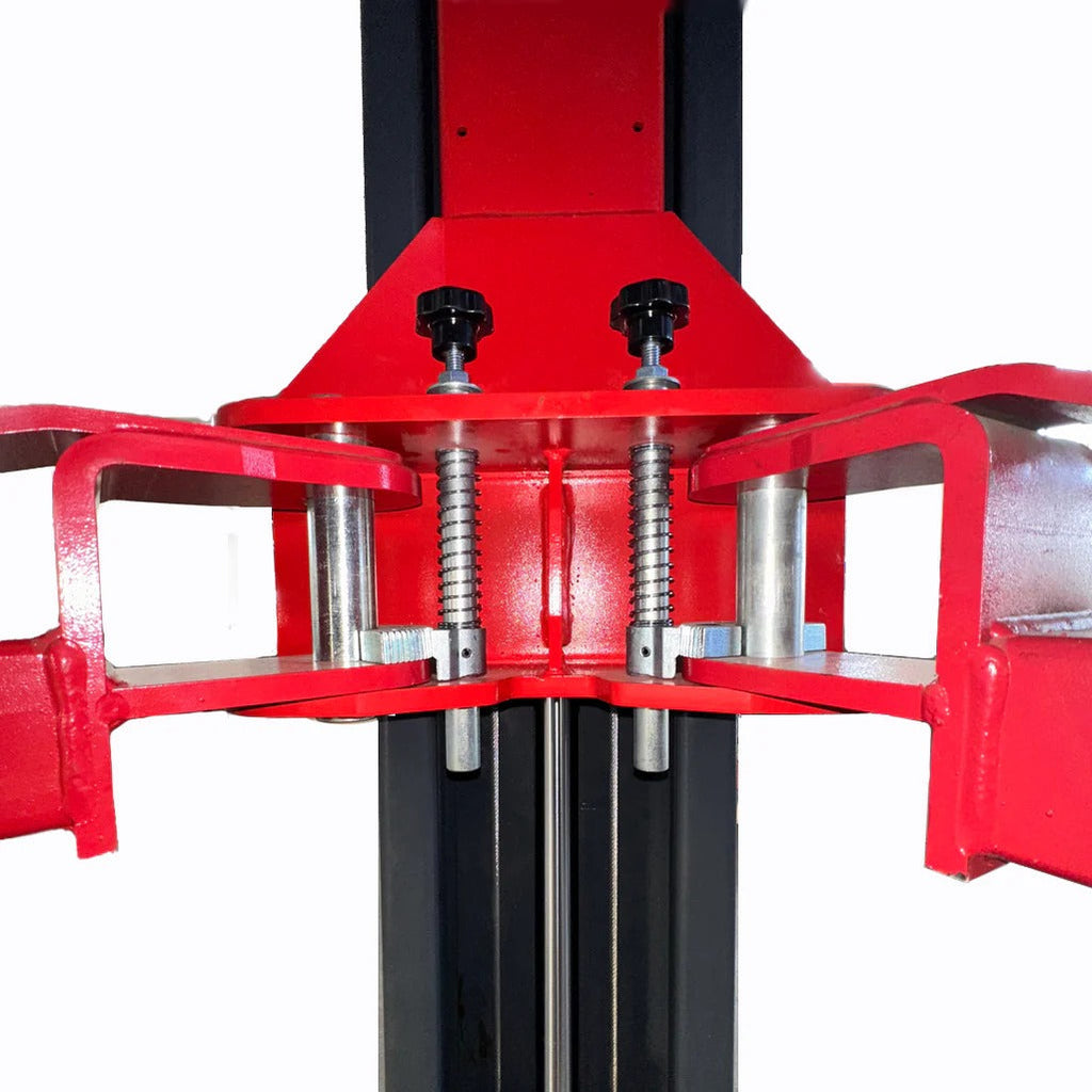 Red lift platform assembly with two threaded posts and roller supports