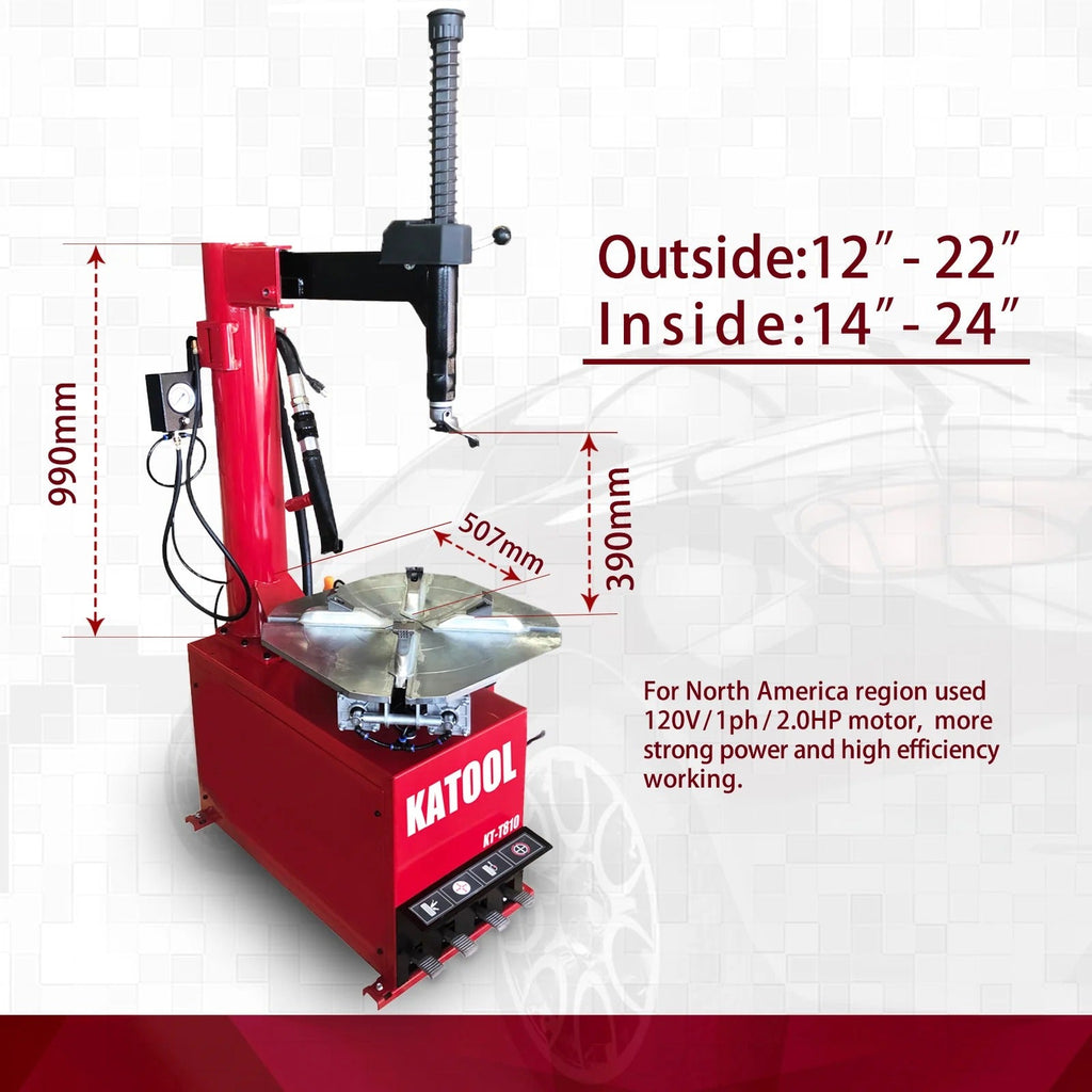 Red and black tire changer with mounting table and vertical bead blaster post.