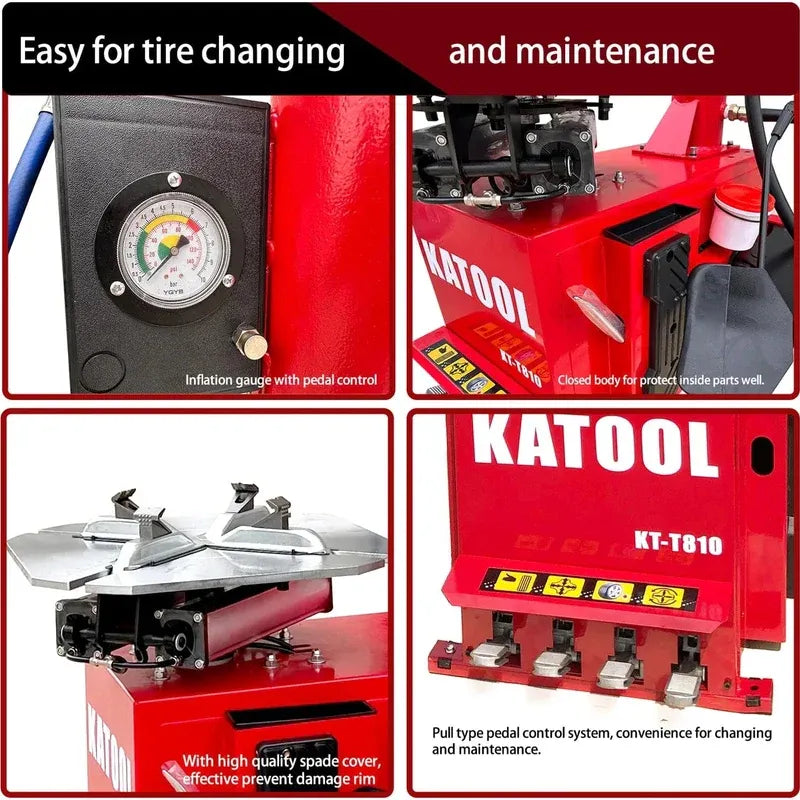 Tire changer controls with inflation gauge and pedal, plus KATool machine front panel