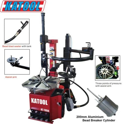 Red tire changer with bead breaker cylinder and assist arm assembly