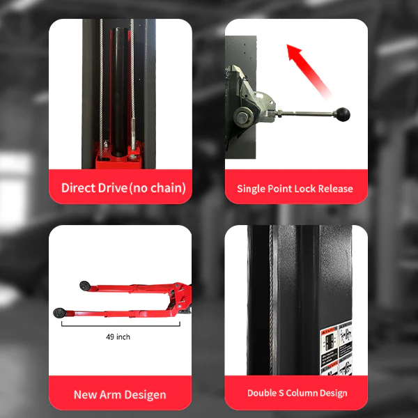 Vehicle lift feature graphic showing direct-drive and single-point lock release icons
