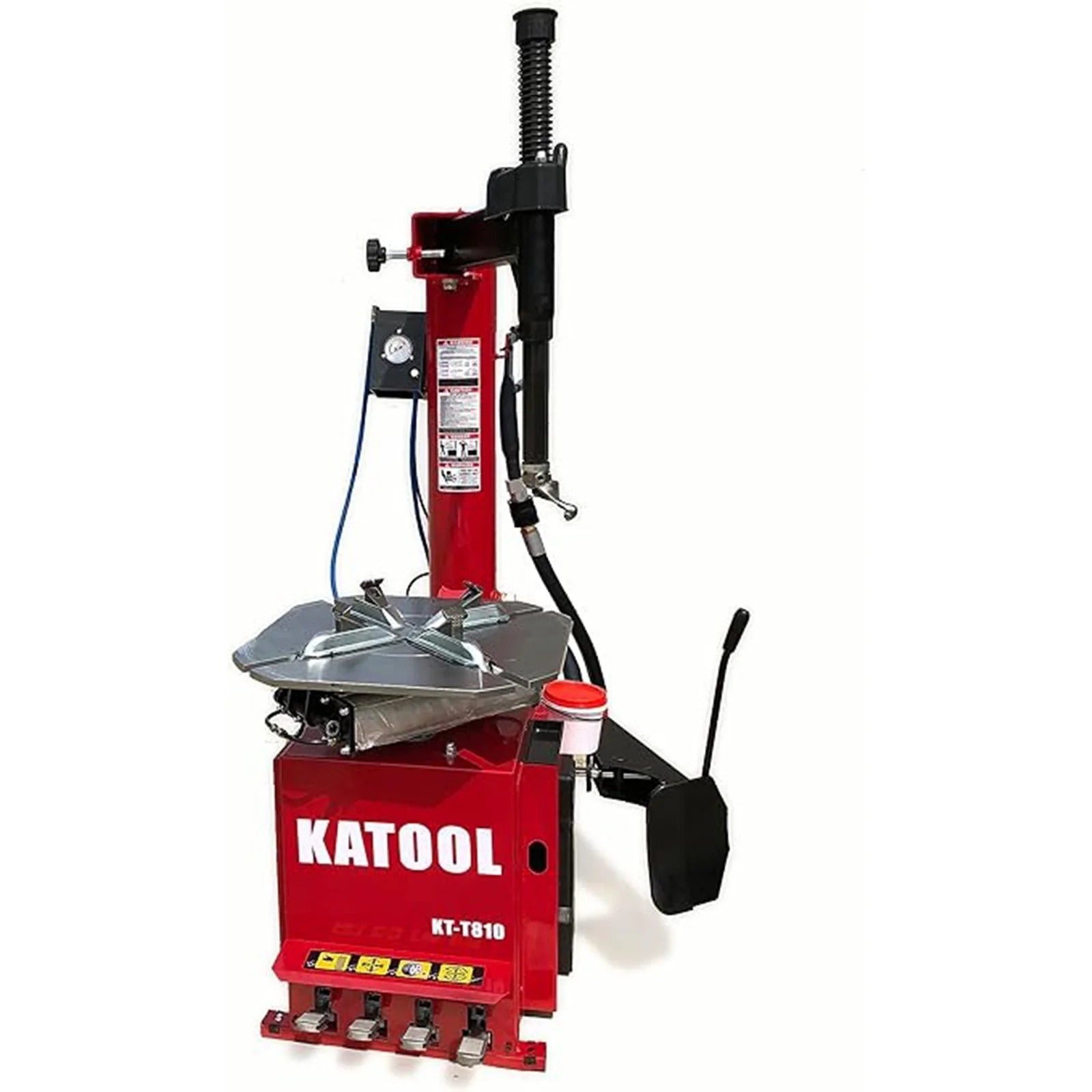Red tire changer machine with black mounting head and vertical post.