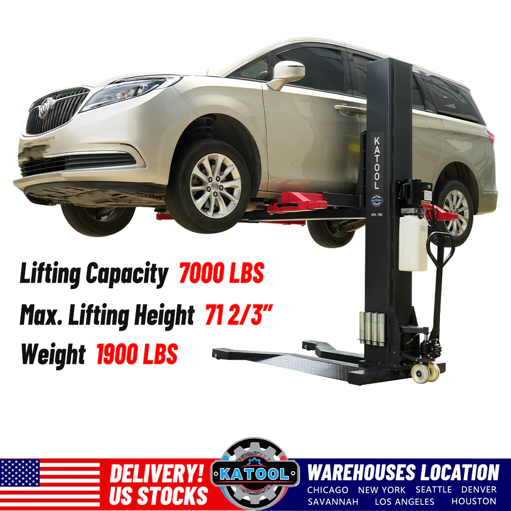 Mobile single-post vehicle lift with red base, black column, and lifting platform