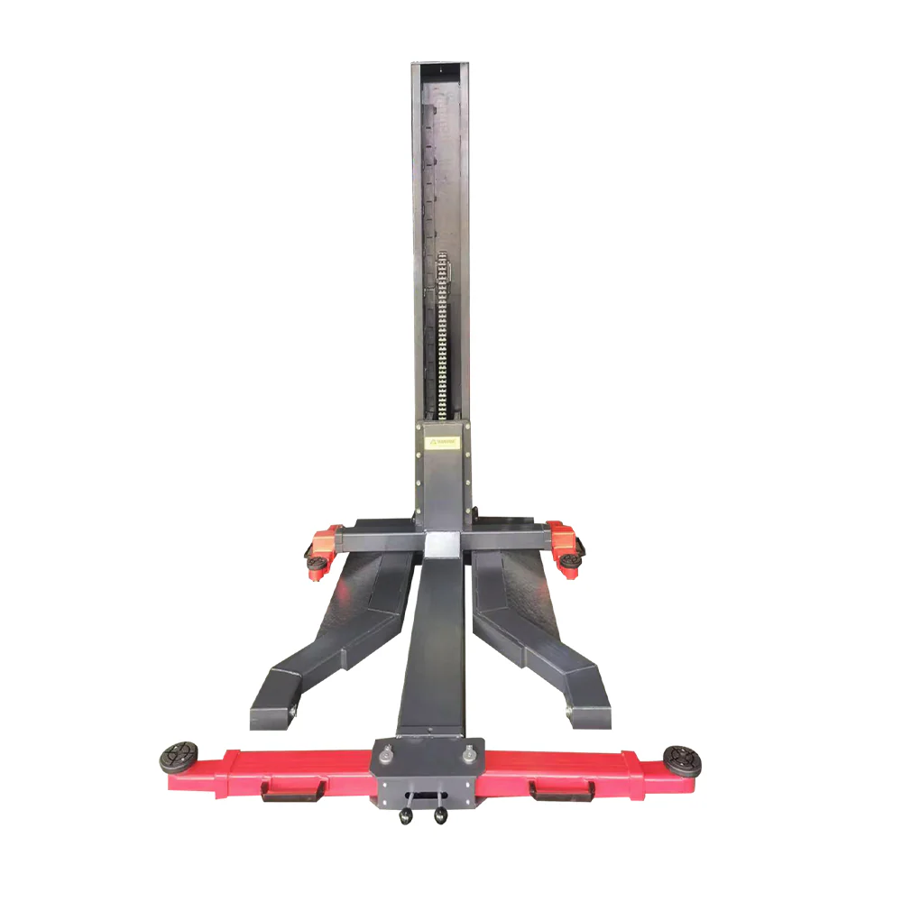 Mobile single-post vehicle lift stand with red crossbar, black arms, and casters