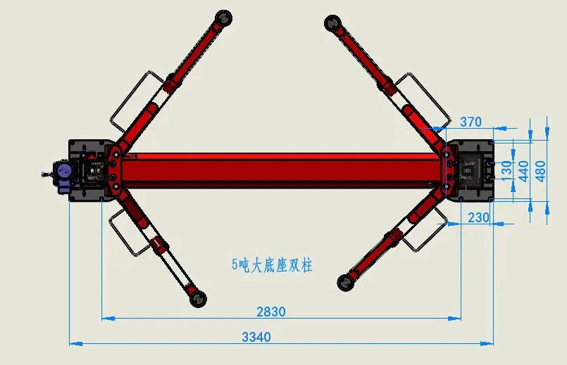 Red two-post lift dimension diagram with measurement lines and notes