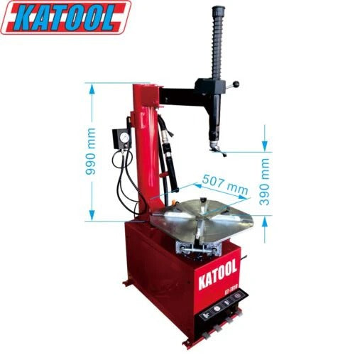 Katool tire changer with bead seater and wheel platform, showing size measurement arrows