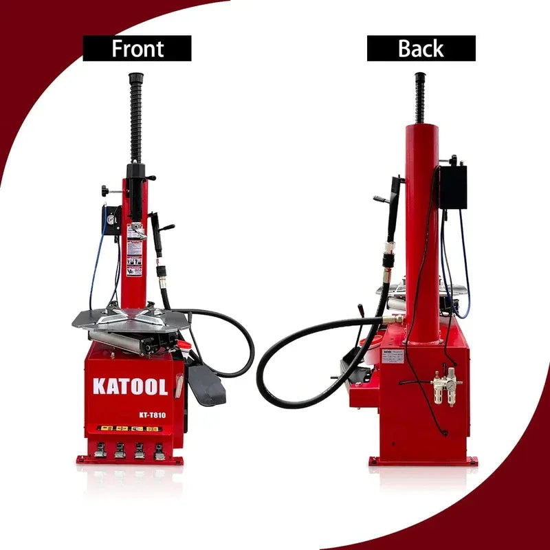 Tire changer machine front and back views with red base, mounting head, and tall column