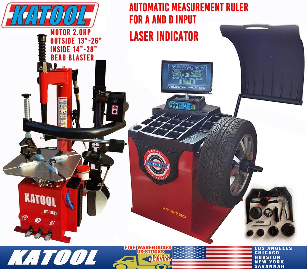 Tire changer and wheel balancer combo with red base, blue control screen, and bead blaster