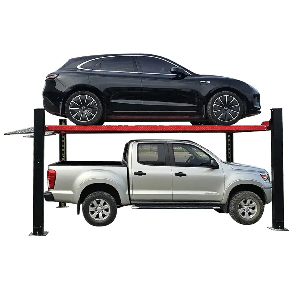 4-post vehicle lift with black sedan on red platform and silver pickup parked underneath